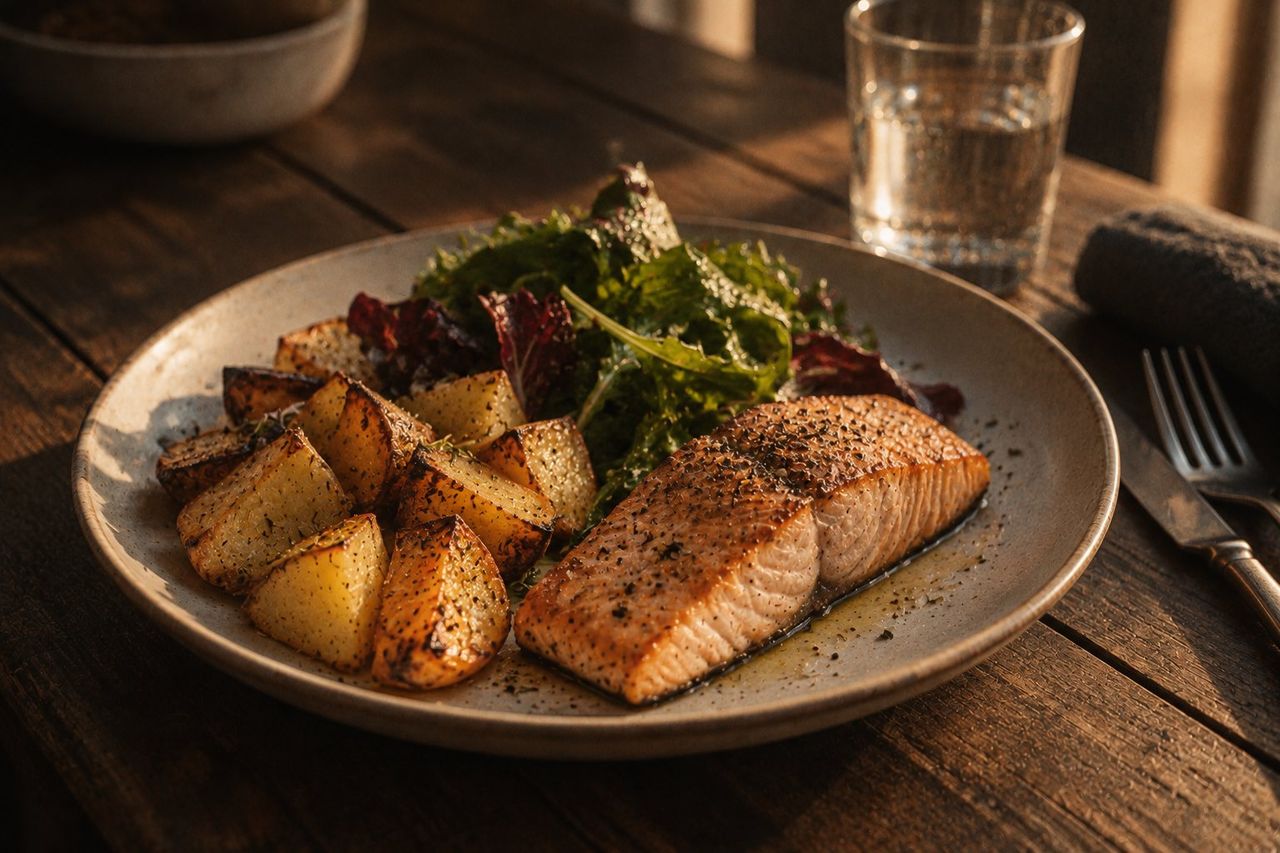Piatto di salmone con patate e verdure su un tavolo di legno.